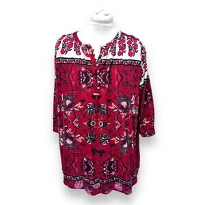 Lucky Brand Women’s 3/4 Sleeve Peasant Blouse Casual Floral Paisley Boho Red 2X